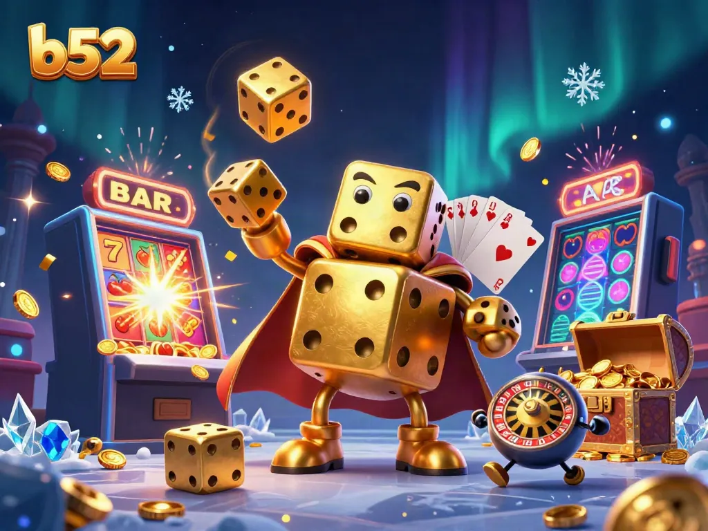 Engage with thrilling b52 casino excitement featuring a playful dice golem and jackpot scene.