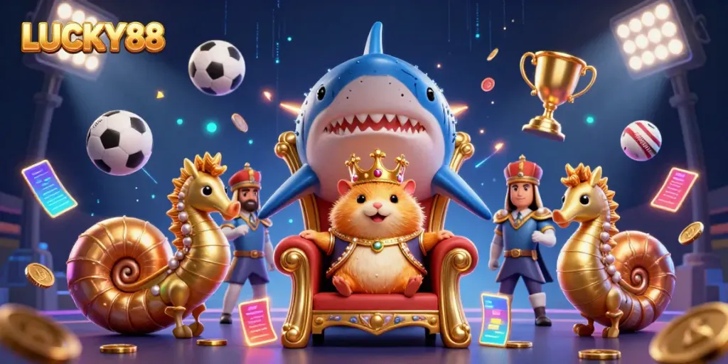 Experience dynamic sports betting excitement with LUCKY88, showcasing a vibrant 3D scene filled with action and symbols.