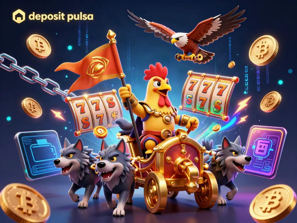 Experience thrilling gameplay with deposit pulsa options in this vibrant 3D casino scene featuring a rooster warlord.