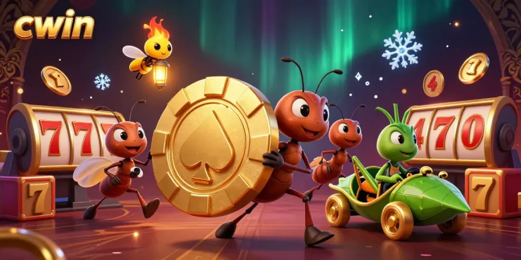 Experience thrilling casino action with CWIN as ants steal a giant poker chip in a vibrant heist scene.