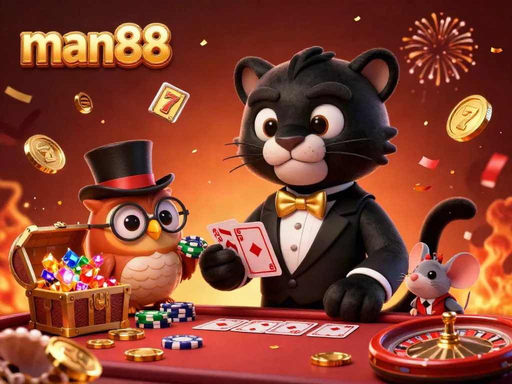 Experience thrilling gameplay at man88 as a stylish panther deals cards alongside an owl and mouse in a vibrant casino.