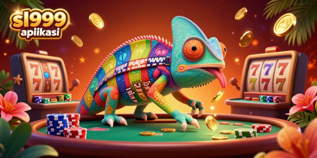 Engage with the vibrant scene showcasing the sl999 aplikasi, featuring a chameleon casino owner capturing the thrill of gaming.
