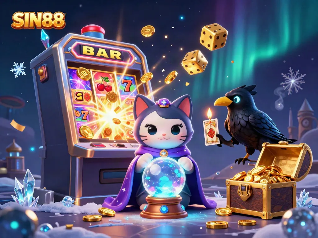 SIN88 promotional illustration featuring a mystical cat and raven around a slot machine bursting with coins, conveying excitement.