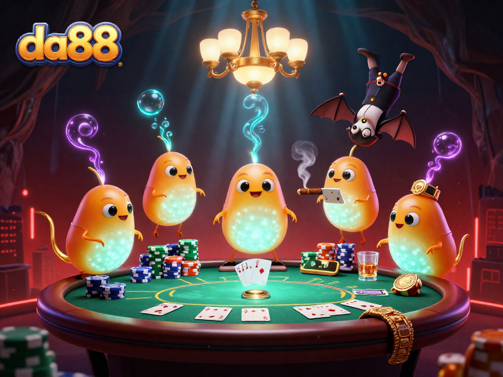 Engage with da88 in a vibrant 3D illustration of glowworms and poker elements in a cave casino.