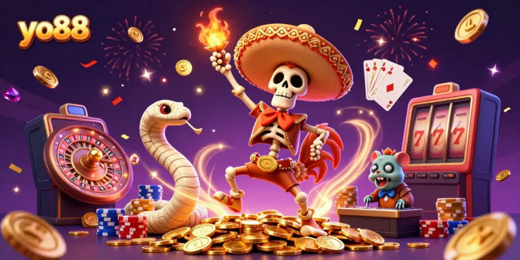 Enjoy the vibrant world of yo88 casinos with a lively celebration scene featuring characters and game elements.