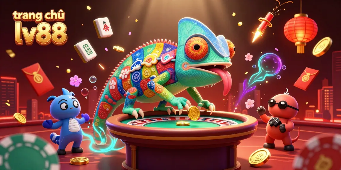 Engage with the vibrant trang chủ lv88 online casino scene showcasing a chameleon owner amidst rich gaming elements.