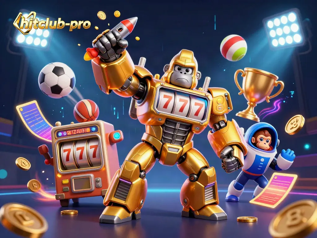 Engage with hitclub-pro's dynamic gaming world through this vibrant illustration of a golden gorilla mech with sports elements.