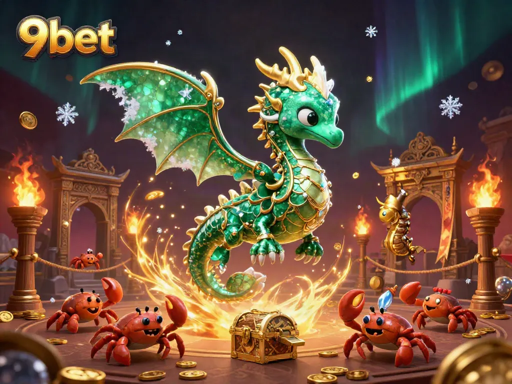 Engage with 9bet's dynamic gaming scene featuring a sea dragon and treasure, showcasing excitement.